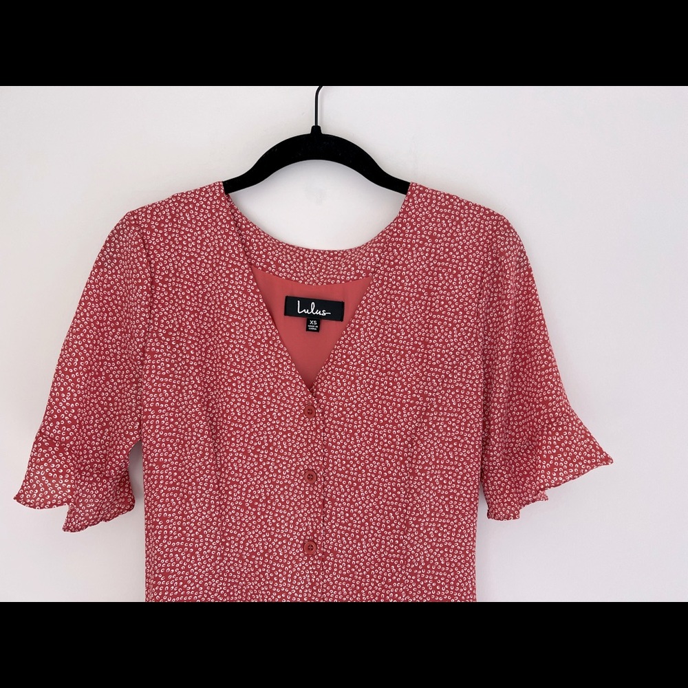 Lulus Castana Rust Red Print Button Up Dress Xs - image 4